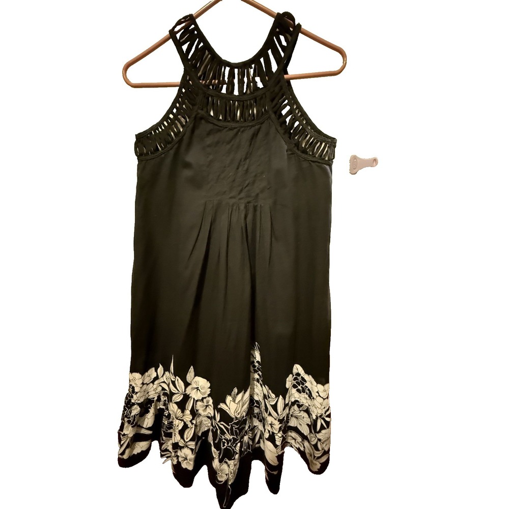 Lola P. Summer Light Beach Sundress Size Medium Black with Floral Accents